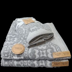 4pc COMMON THREAD Bath & Hand Towel Set GRAY Spanish Tile Medallion Scroll New
